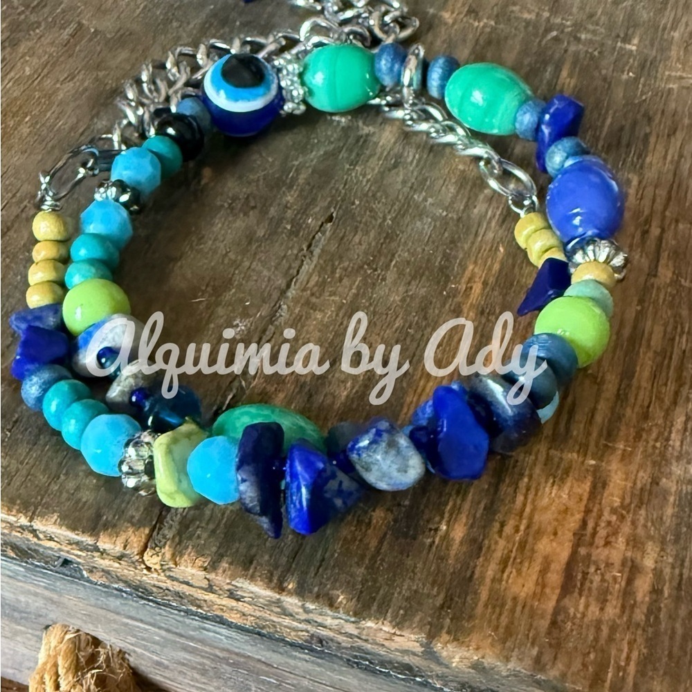 Blue and Green Charm Bracelet wrap around lapis lazuli